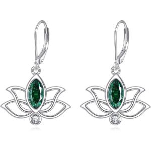 YFN Lotus Flower Earrings Sterling Silver Birthstone Lotus Leverback Dangle Drop Earrings Jewelry Gifts for Women(E. May)