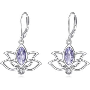 YFN Lotus Flower Earrings Sterling Silver Birthstone Lotus Leverback Dangle Drop Earrings Jewelry Gifts for Women(F. Jun)