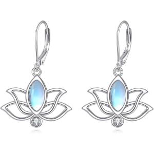 YFN Lotus Flower Earrings Sterling Silver Birthstone Lotus Leverback Dangle Drop Earrings Jewelry Gifts for Women(M. Moonstone)
